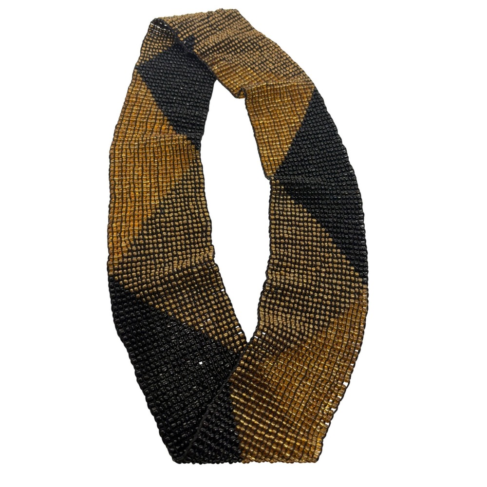 Vintage Stretchy Beaded Belt Black Bronze Gold Geometric Seed Bead Wide 28-34in